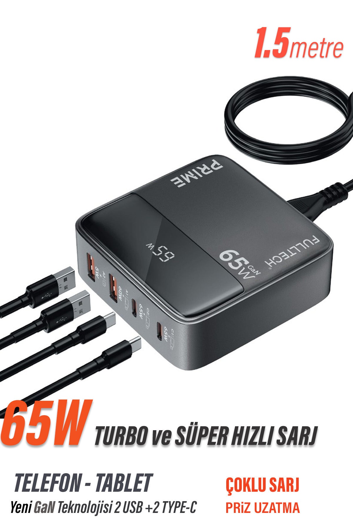 45W Süper Hızlı - 65W Turbo Hızlı Şarj Cihazı 4in1 Gan Teknolojisi 2 USB+2 Type-C Pd 3.0 LCD Ekranlı