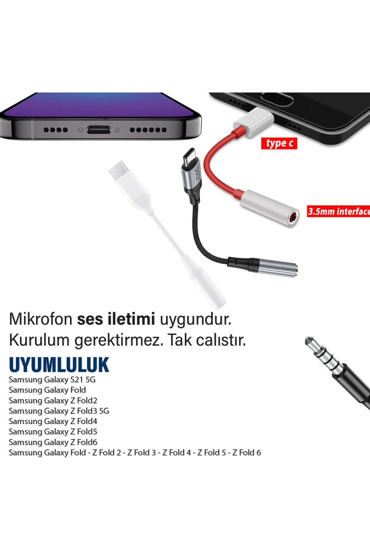 Samsung Fold - Z Fold 2 - Z Fold 3 - Z Fold 4 - Z Fold 5 - Z Fold 6 3.5mm Type-C Jack Çevirici Kulaklık Dönüştürücü - Görsel 3
