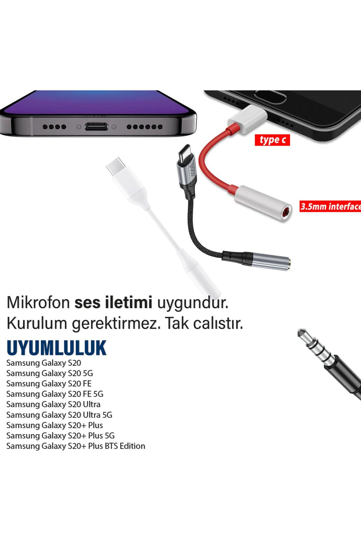 Samsung S20 - S20 FE - S20 Ultra - S20+ Plus Kulaklık Dönüştürücü Type-C Jack Aparat Çevirici 3.5mm - Görsel 3