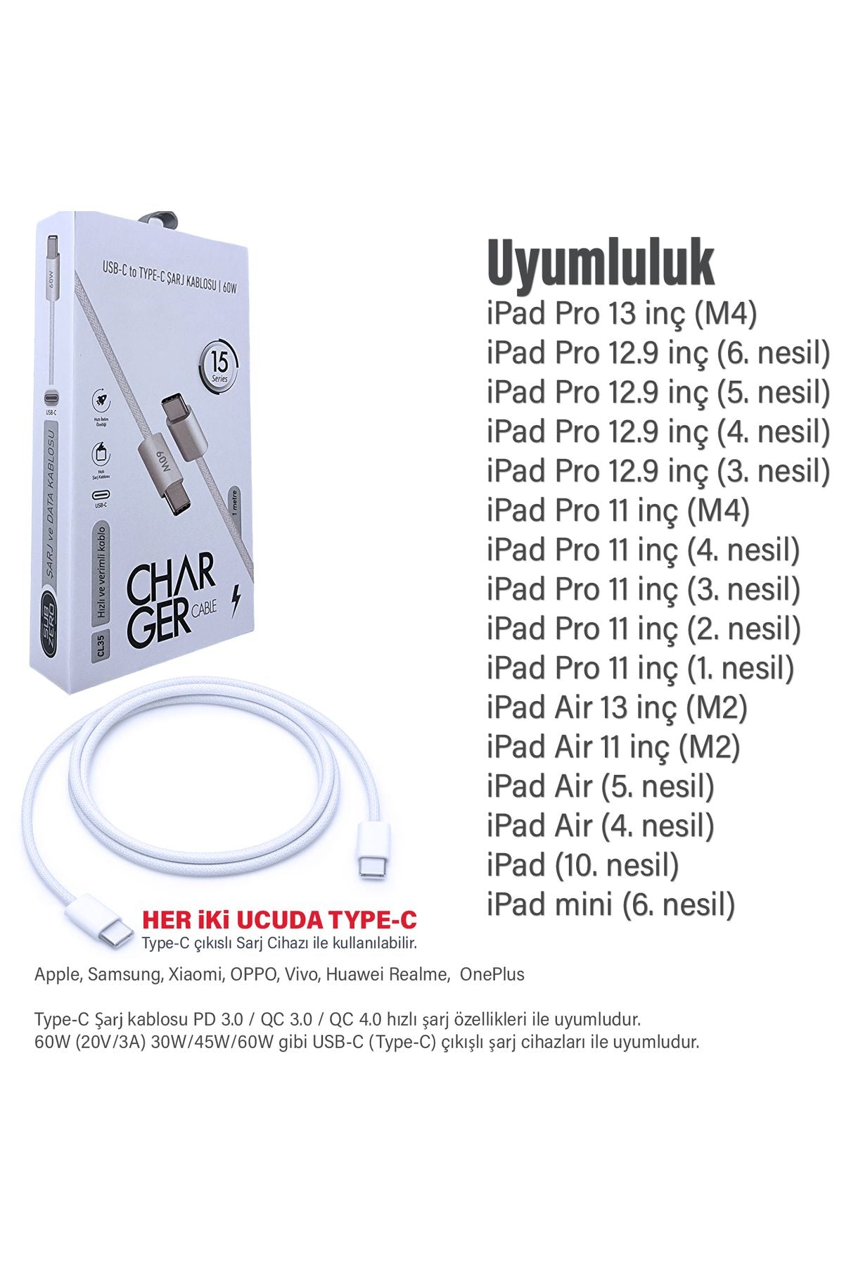 Tablet iPad Pro 11 inç 1. 2. 3. 4. Nesil Uyumlu Şarj Kablosu Type-C 60W - Görsel 4