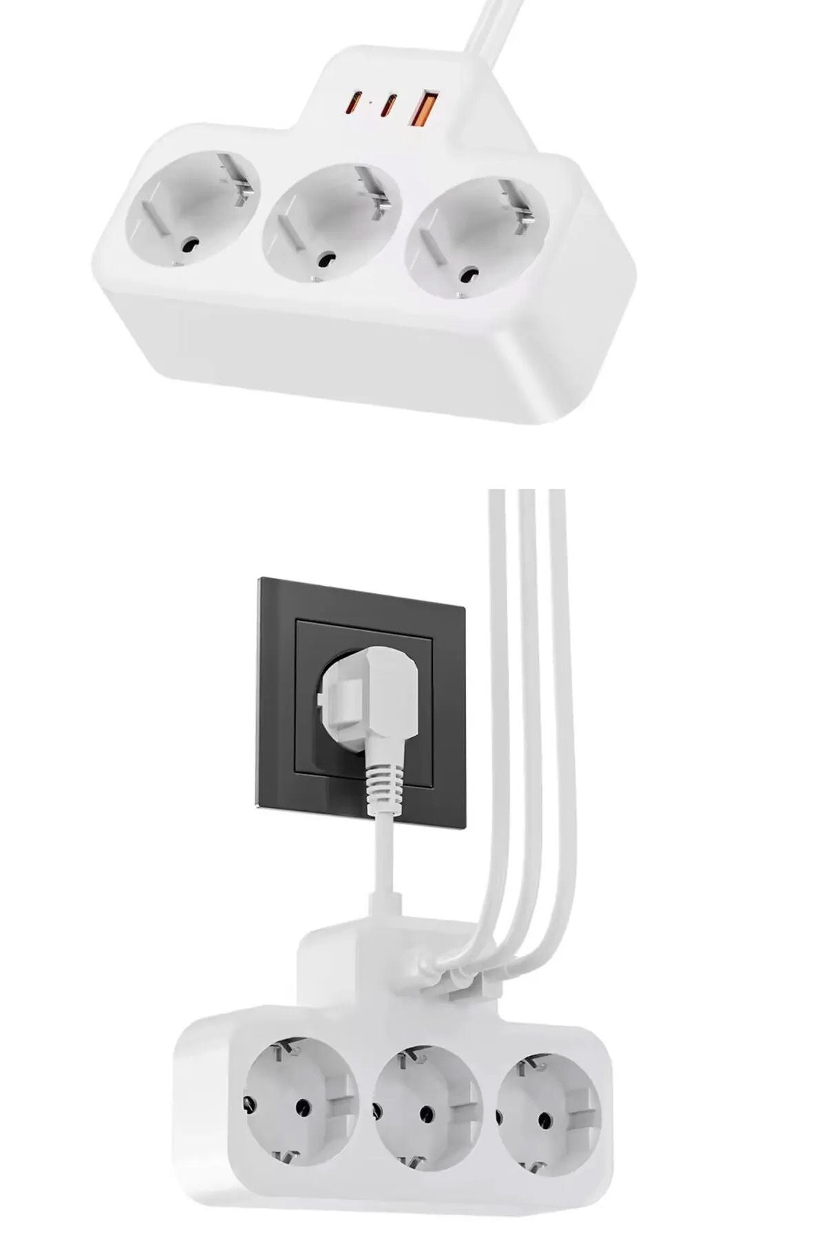Çoklu Kablolu Priz -Priz Çoğaltıcı-Priz Dönüştürücü 1USB - 2Type-C Girişli Yüksek Akım Korumalı Fiş - Görsel 3