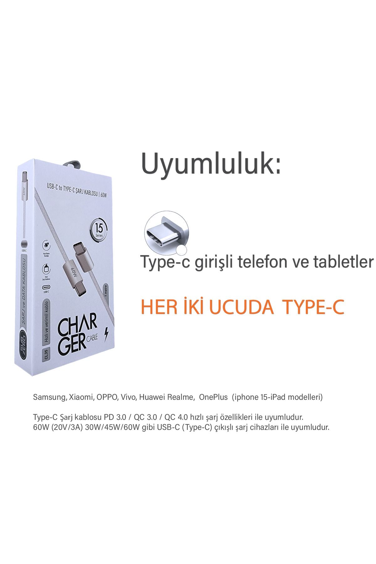 Samsung A05 A5S A15 A24 A25 HIZLI Şarj Kablosu Type-C 60W HIZLI - Görsel 3