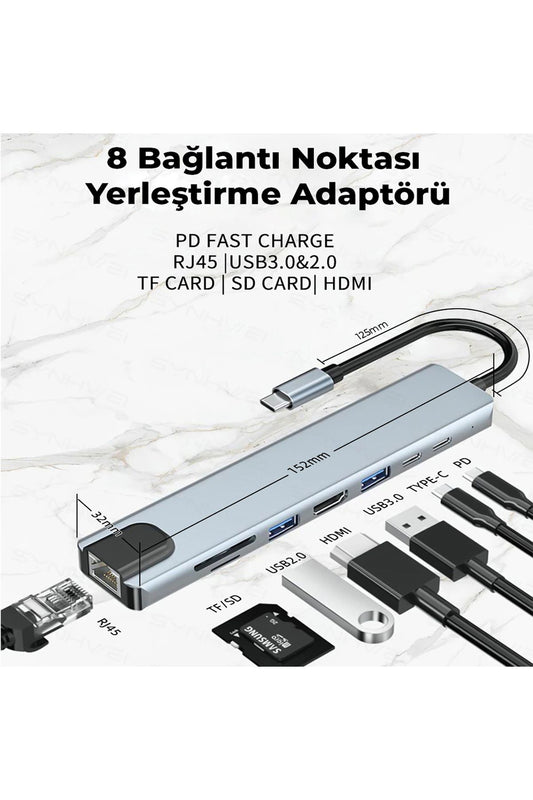 SHAZA 8in1 USB Type-C Hub Çoklayıcı Tablet Bilgisayar Telefon Port Adaptör HDMI USB Ethernet PD Girişli - Görsel 2