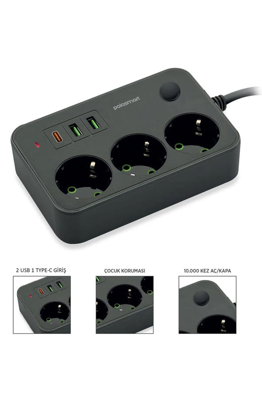 USB Type-C Priz Dönüştürücü Şarj Adaptörü Priz-2 USB-1 Type-C 2 M Kablo Girişli Çoklu Fiş 2500W - Görsel 2