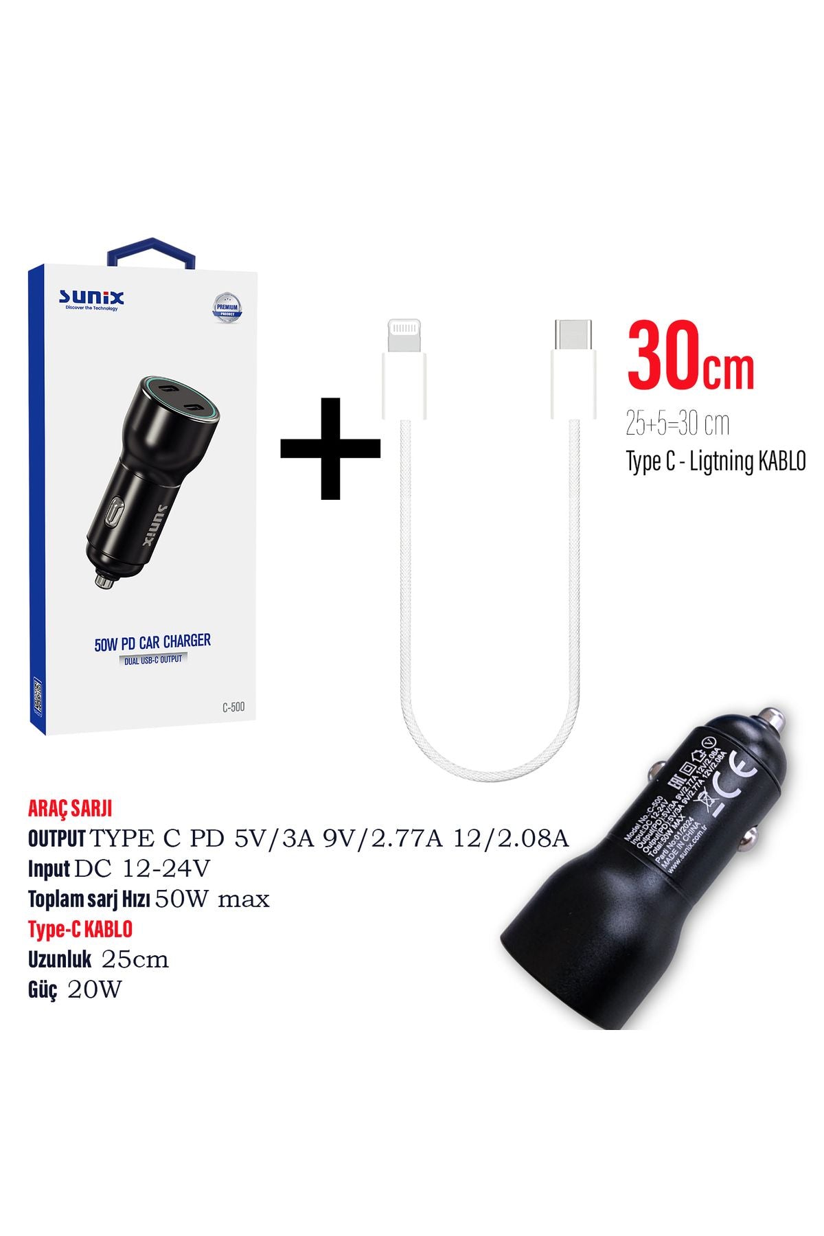Hızlı Araç Şarj Aleti Iphone 11 12 13 14 Telefonlar Için 60w Hızlı Araba Şarjı Cihazı Ve 25cm Kablo - Görsel 2