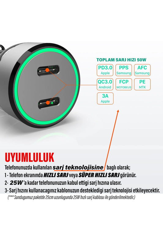 Hızlı Araç Şarj Aleti Type C Samsung Telefonlar Için 60 W Hızlı Araba Şarjı Cihazı Ve 25cm Kablo - Görsel 2