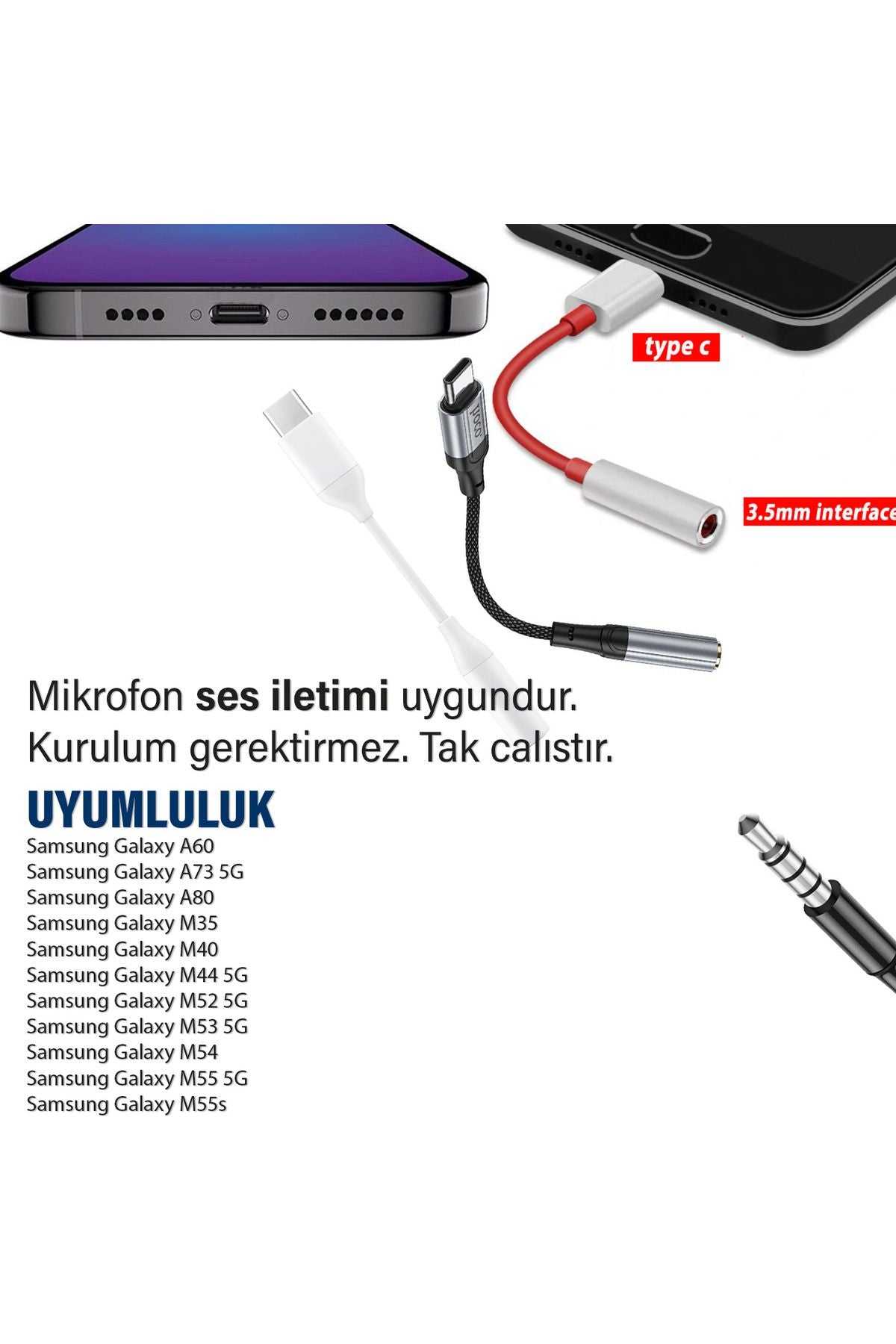 Samsung A73 5G A80 A60 Type C Jack Aparat Kulaklık Dönüştürücü 3.5mm Çevirici Type-C - Görsel 4