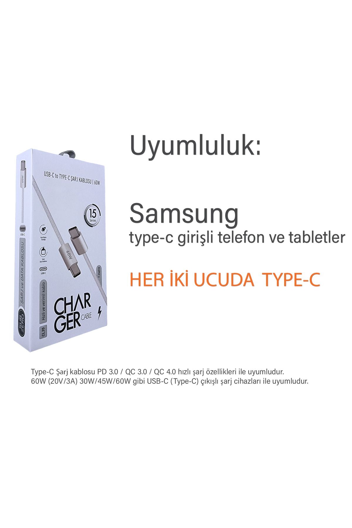 Samsung A24 Şarj Kablosu Type-C to TYPE C Hızlı Şarj İçin 1 Metre - Görsel 2
