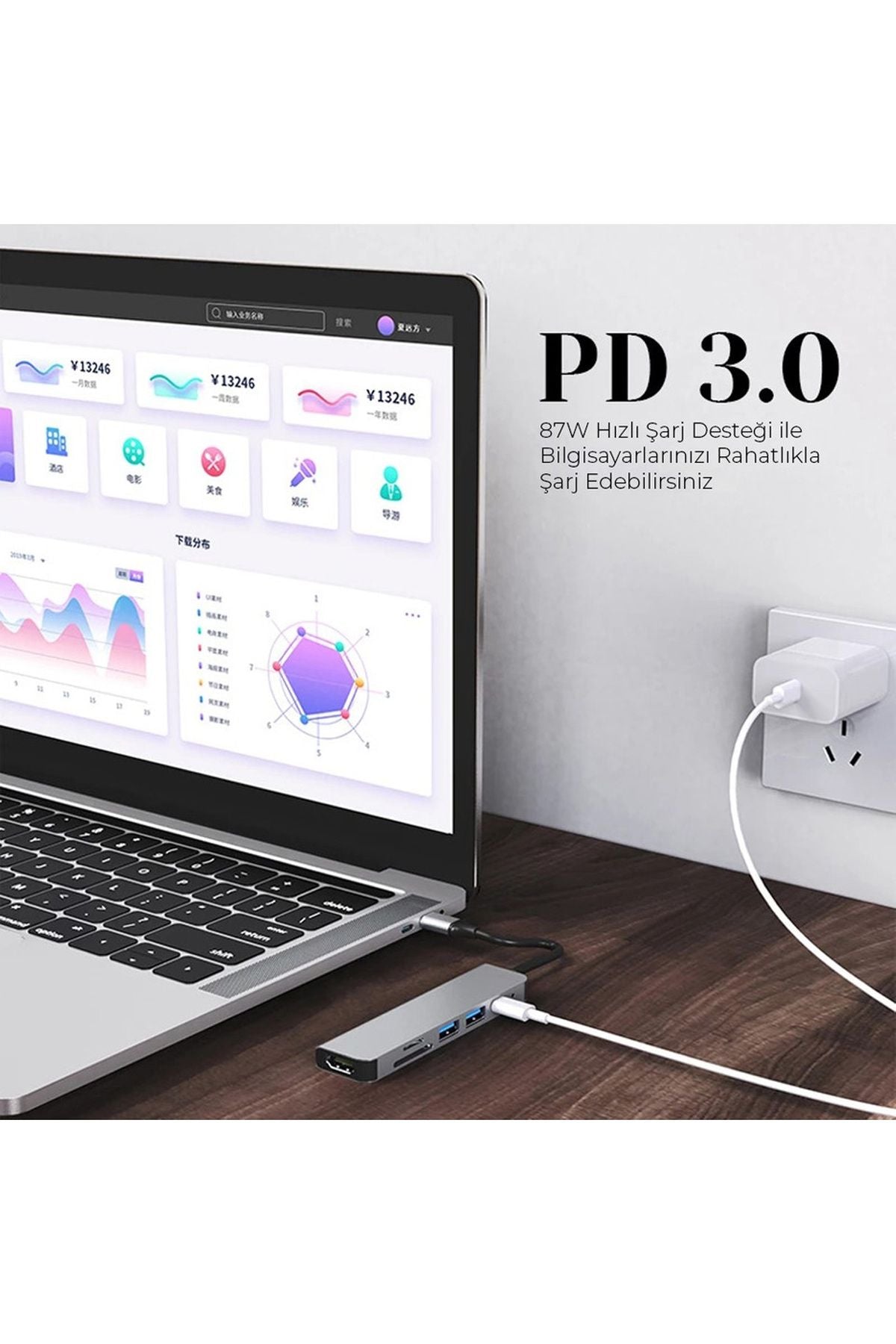 SHAZA 8in1 USB Type-C Hub Çoklayıcı Tablet Bilgisayar Telefon Port Adaptör HDMI USB Ethernet PD Girişli - Görsel 4