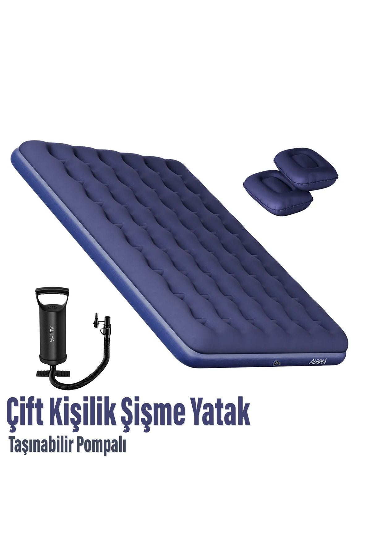 Çift Kişilik Şişme Yatak - 2 Yastık Ve El Pompası Hediyeli 203cmx152cmx22cm Kamp & Ev Kullanımı