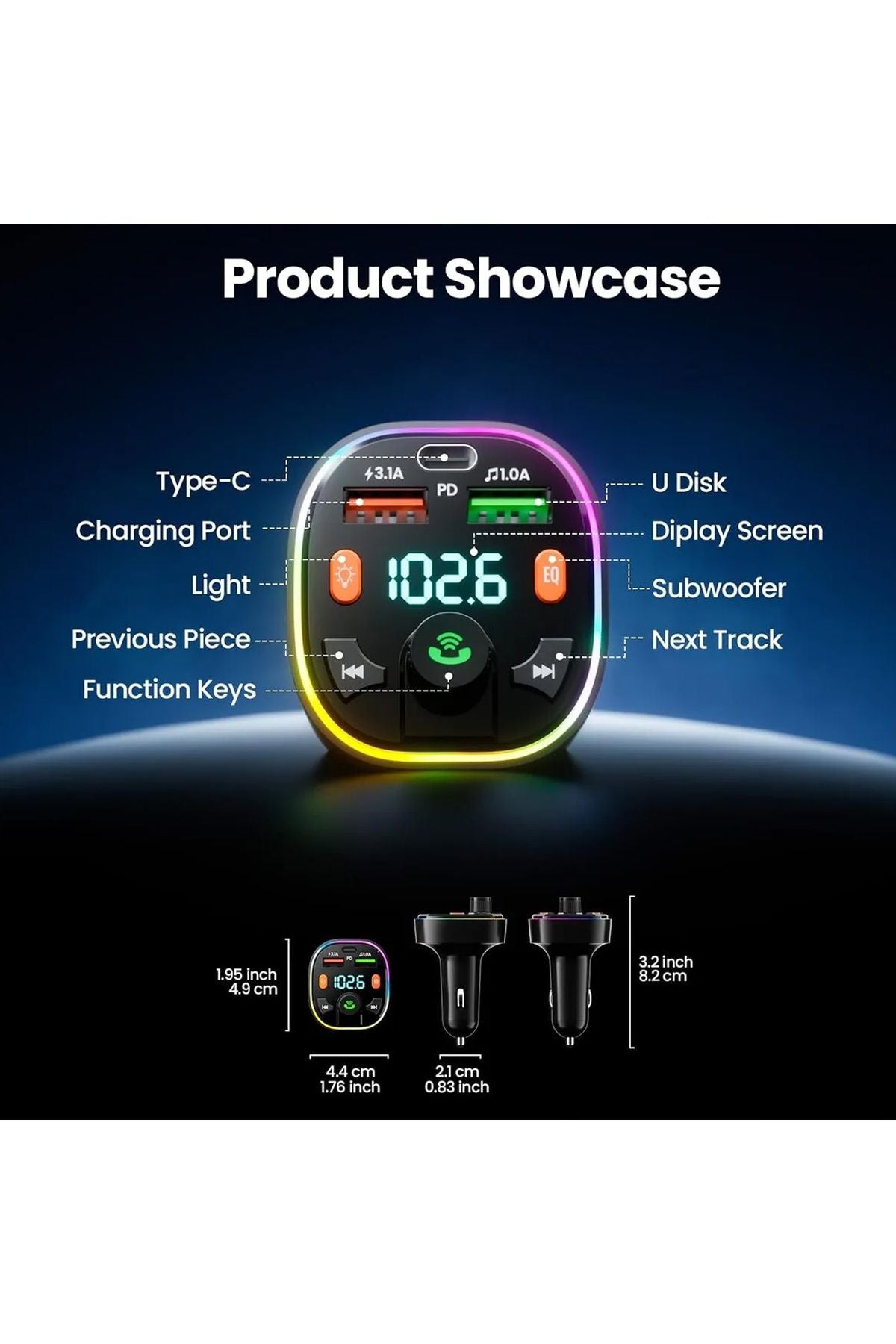Bluetooth Araç Kiti Araç Fm Transmitter Şarj USB TypeC MP3 PD Flash Için Uygun Çakmaklık Giriş - Görsel 4