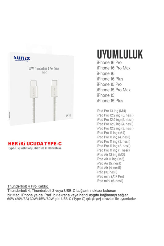 iPhone 16-16 Plus 16 Pro-16 Pro Max Type-C Şarj Kablosu Thunderbolt 4 (USB-C) HIZLI 60W - Görsel 2