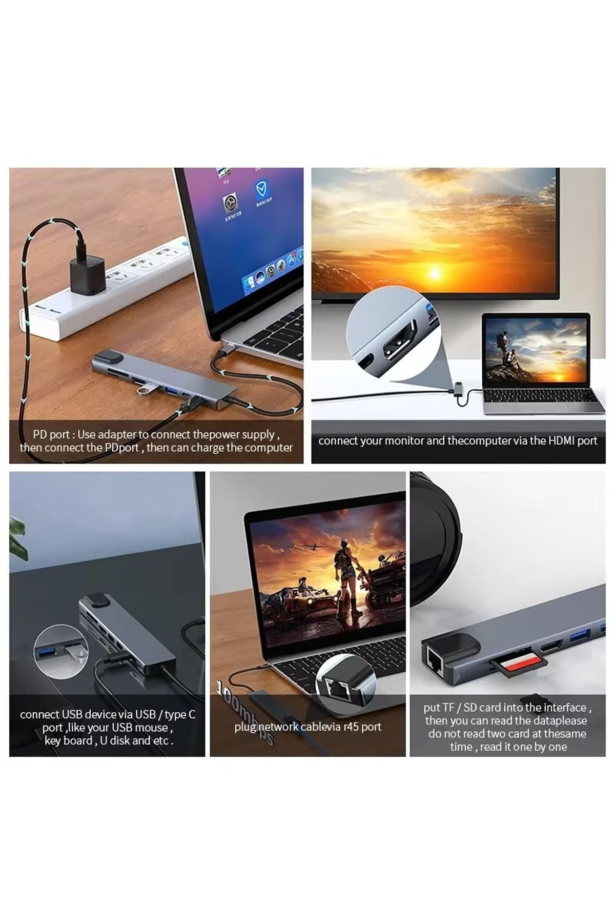 8in1 Type-C HDMI ETHERNET Çevirici Hub Çoğaltıcı HDMI 4K/RJ45/USB/TF/TYPEC Giriş - Görsel 7