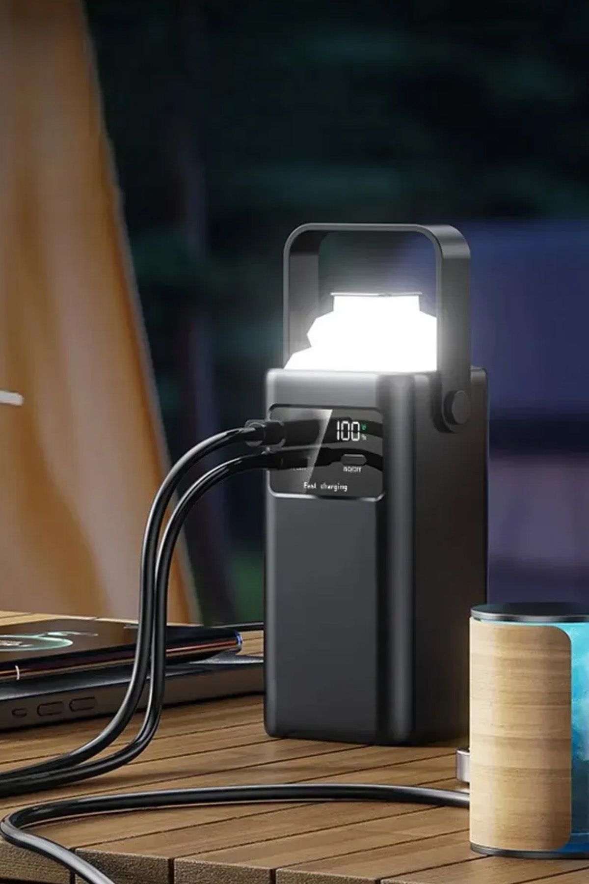 50000 mAh Hızlı Şarj Powerbank 22.5W Led Işıklı Kendinden Kablolu Powerbank Kamp Led Fenerli - Görsel 3