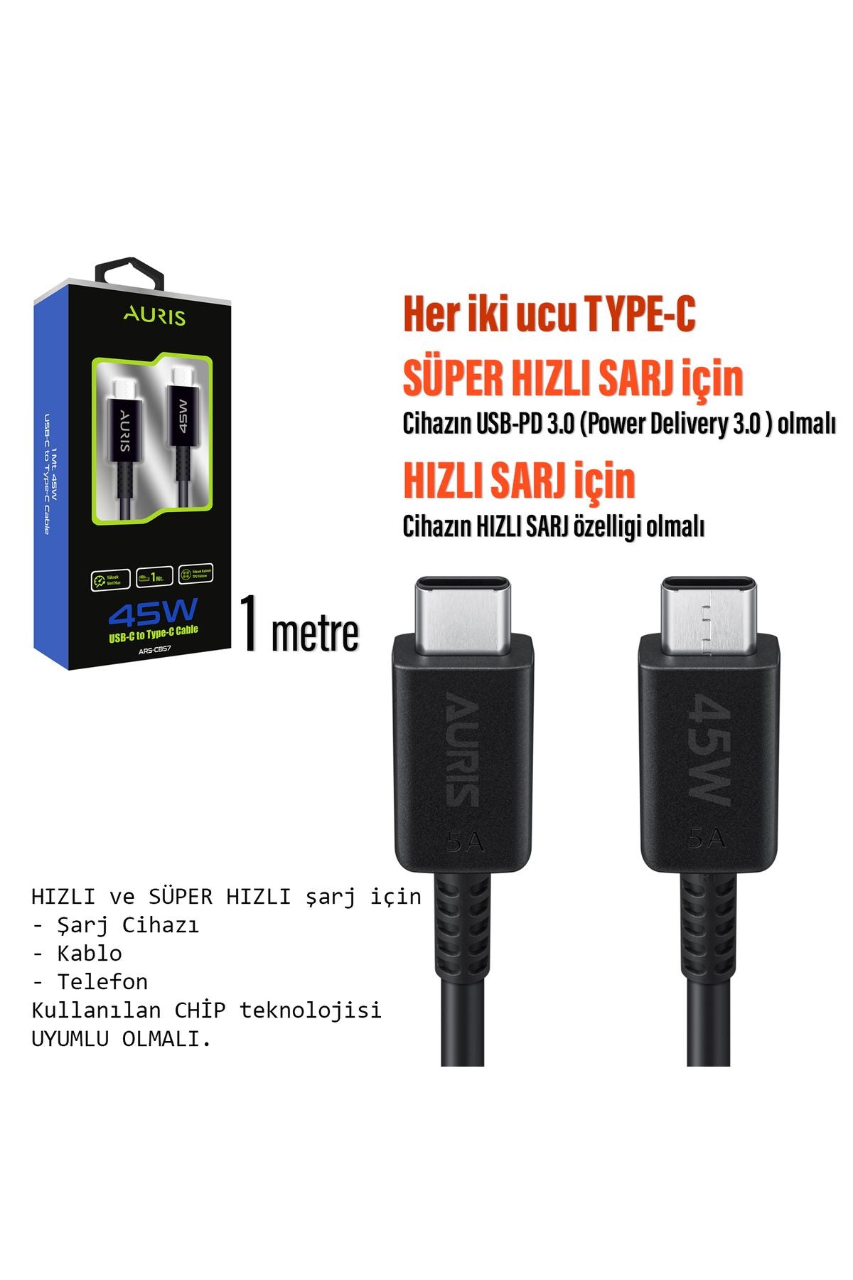 45W Süper Hızlı Şarj Kablosu Type C - Type C Samsung TYPE-C Telefonlar Uyumlu - Görsel 2
