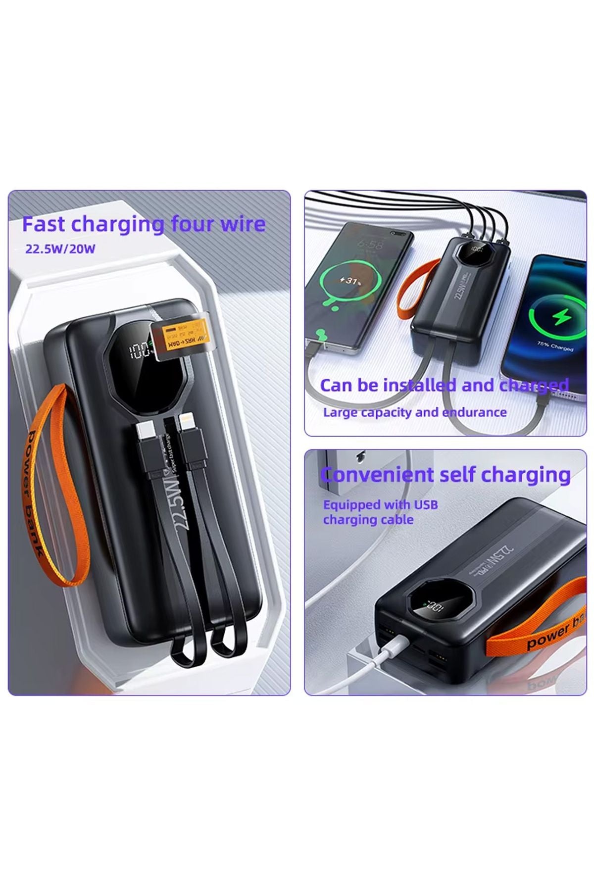 50.000 mAh Hızlı Şarj PD 22.5W Taşıma Askılı Powerbank 4x USB 2x Type-C Kendinden Kablolu Powerbank - Görsel 5
