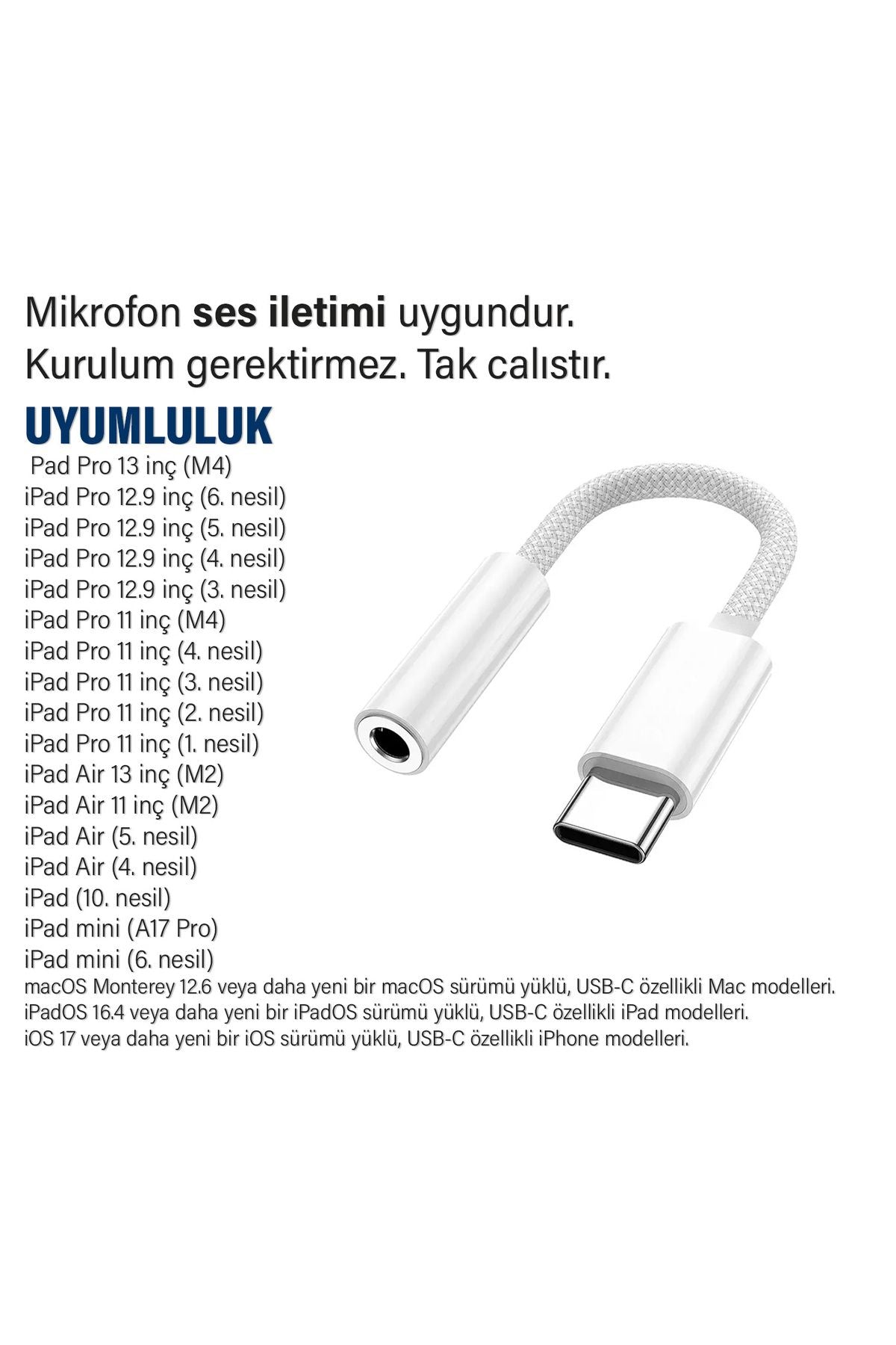 iPad 12.9inç 3. 4. 5. 6. nesil Uyumlu Kulaklık Dönüştürücüsü Type-C Çevirici Aparat - Görsel 2