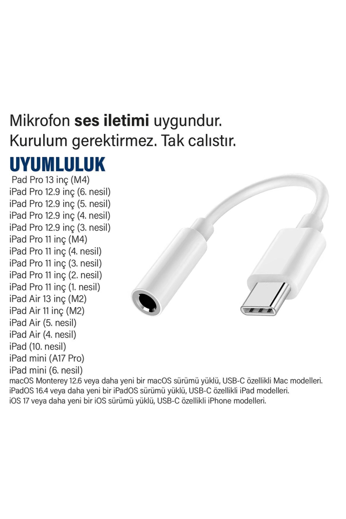 iPad 12.9 inç 3. 4. 5. 6. nesil Uyumlu Kulaklık Dönüştürücüsü Type-C Çevirici Aparat - Görsel 2