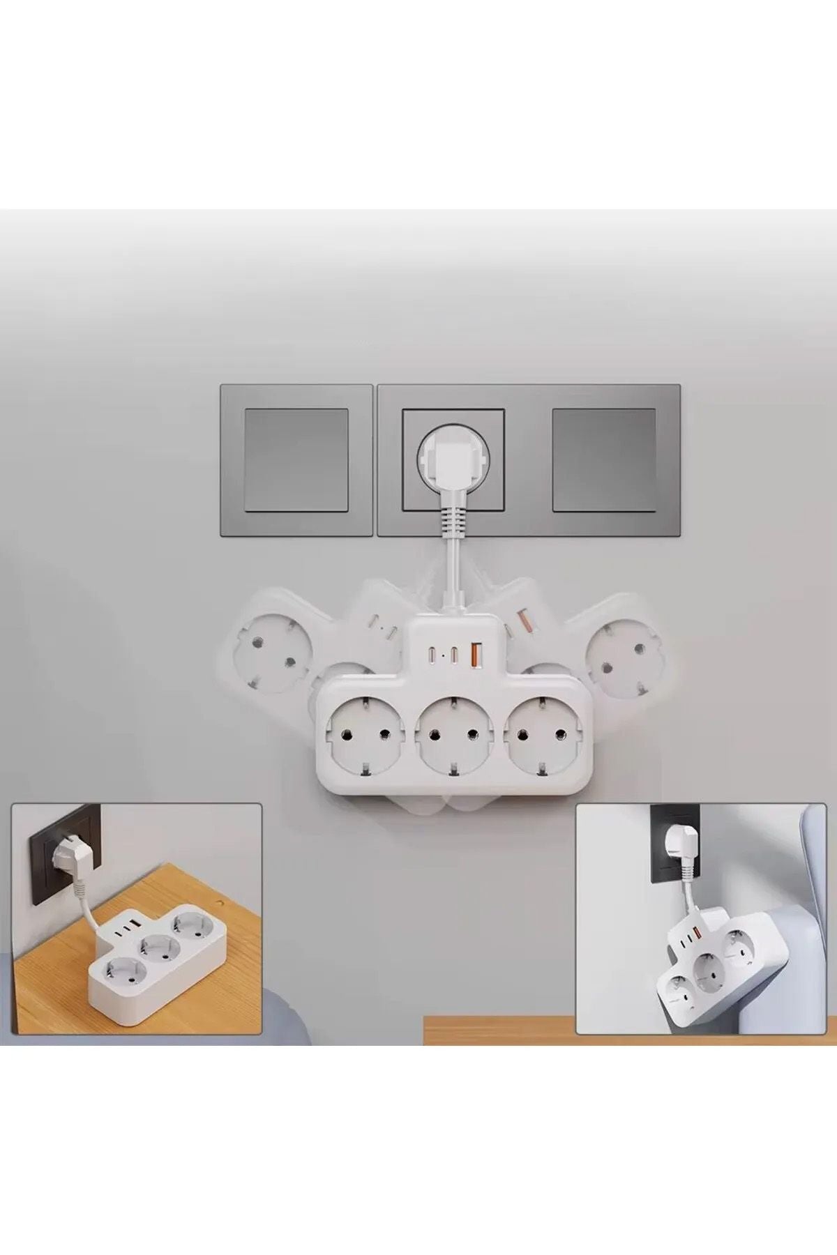 Çoklu Kablolu Priz -Priz Çoğaltıcı-Priz Dönüştürücü 1USB - 2Type-C Girişli Yüksek Akım Korumalı Fiş - Görsel 4