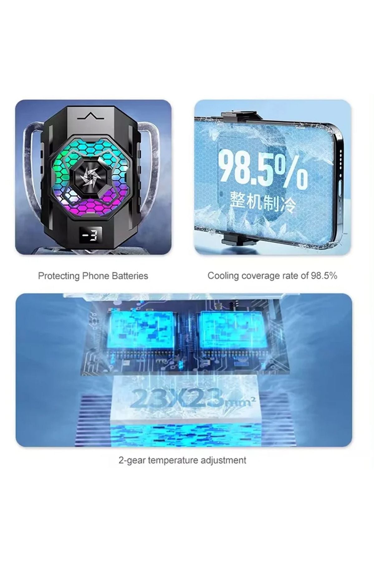 Gaming Telefon Sessiz Hava Soğutma Fan Derece Gösterge 2 Kademe Radyatör Sessiz Fan Telefon Soğutucu - Görsel 6