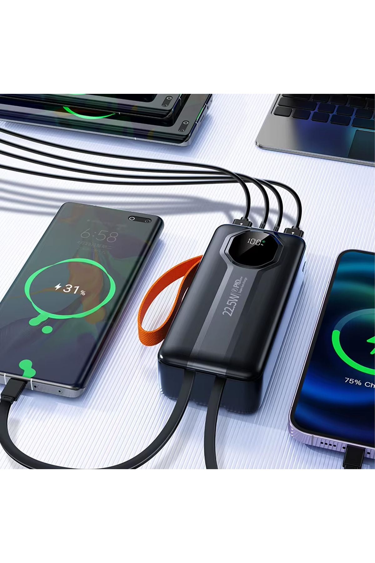 50.000 mAh Hızlı Şarj PD 22.5W Taşıma Askılı Powerbank 4x USB 2x Type-C Kendinden Kablolu Powerbank - Görsel 4