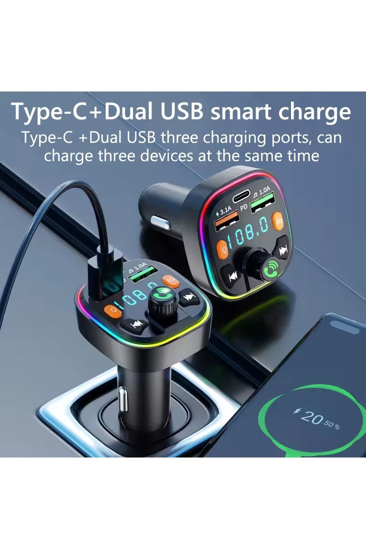 Bluetooth Araç Kiti Araç Fm Transmitter Şarj USB TypeC MP3 PD Flash Için Uygun Çakmaklık Giriş - Görsel 2