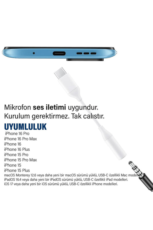 iPhone 16-16 PLUS-16 PRO- 16 PRO MAX Kulaklık Dönüştürücüsü Type-C Çevirici Aparat - Görsel 2
