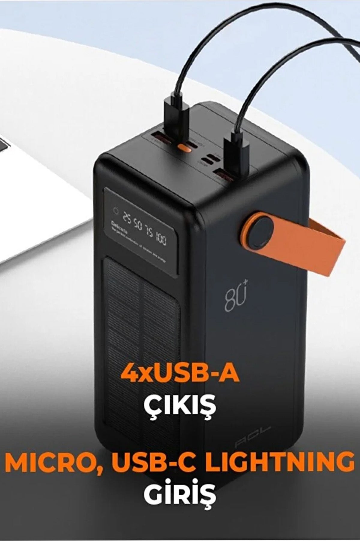 Güneş Enerjili 80.000 mAh Powerbank Hızlı Şarj Kamp Ledli Işıklı Powerbank Kendinden Kablolu Solar - Görsel 6