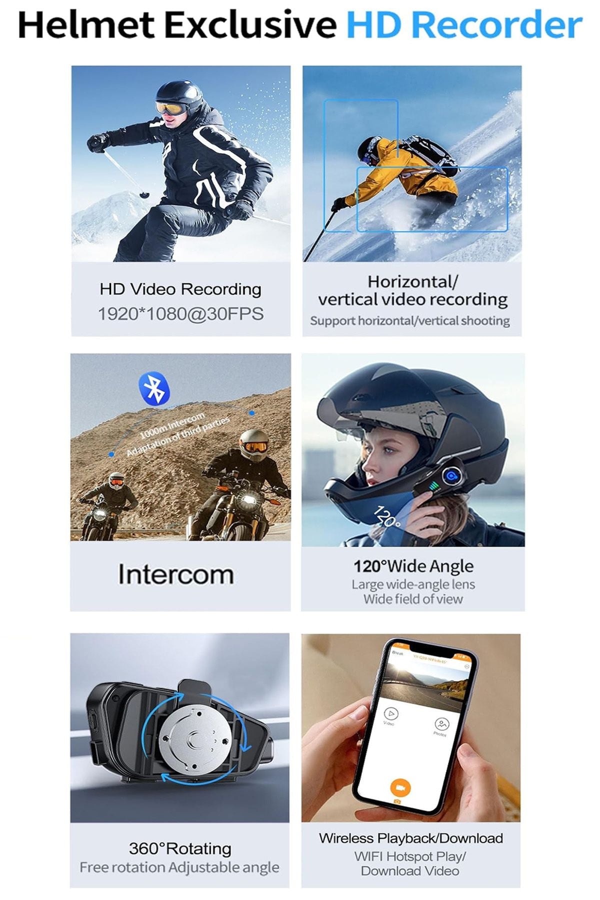 Kask Kamerası ve Kulaklık İntercom Motorcu Kask Kulaklığı Bluetooth 1080P Kamera Kayıt - Görsel 5