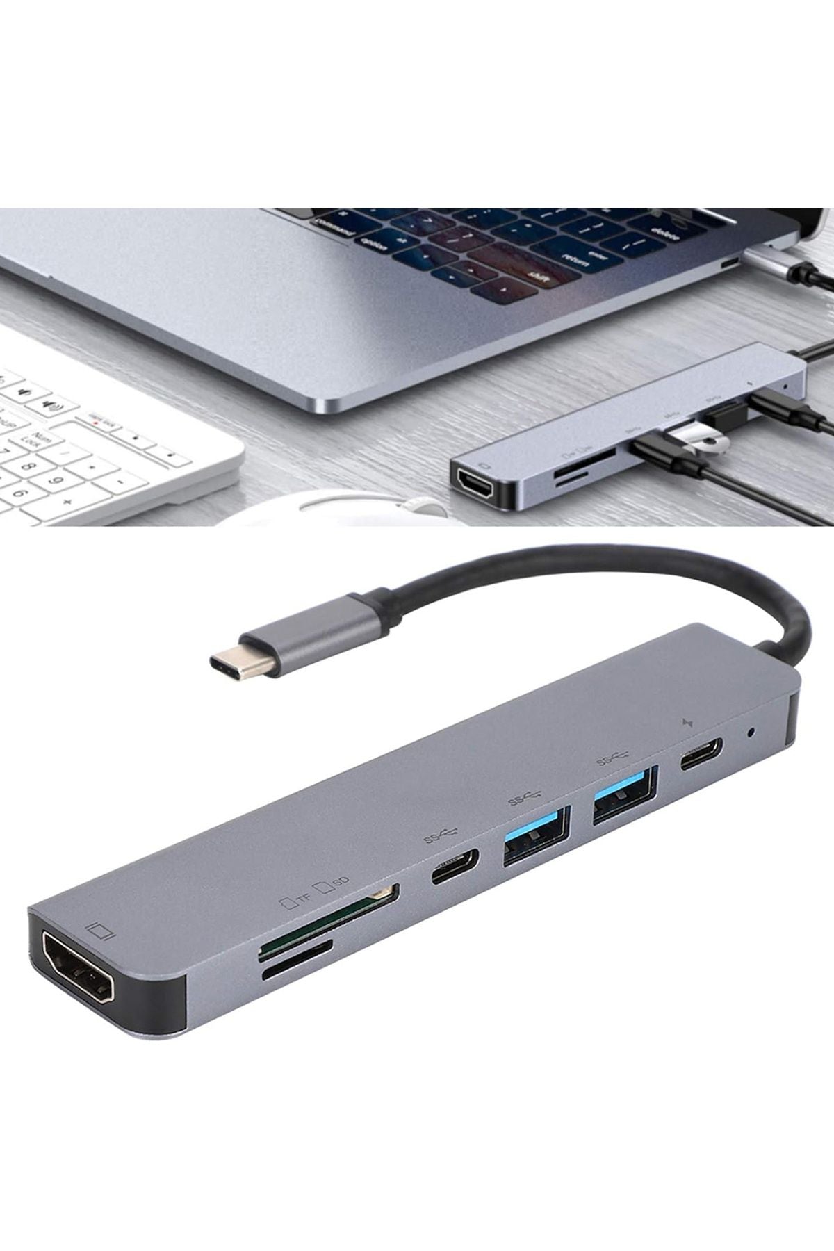 7in1 Type-C HDMI Çevirici Hub Çoklayıcı Tablet-PC-Telefon-TV Adaptör HDMI 4K/USB/TF/SD/TYPEC Giriş - Görsel 4
