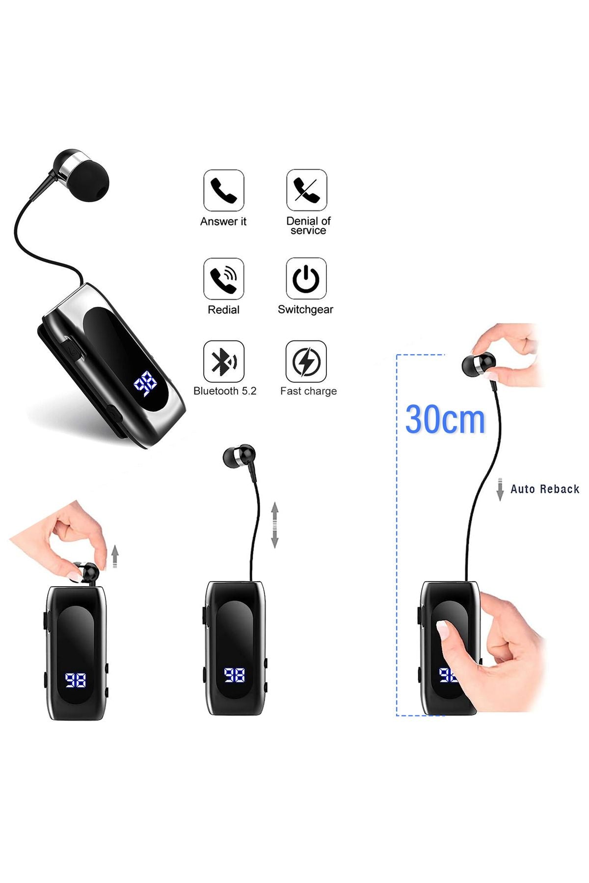 Titreşimli Makaralı Bluetooth Kulaklık Kablosuz Kulaklık Titreşimli Led Ekranlı 20 Saat - Görsel 3