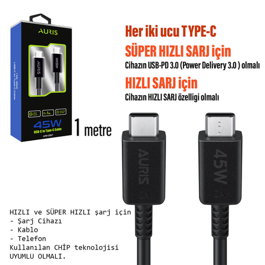 45W Süper Hızlı Şarj Kablosu Type C - Type C Auris CB57