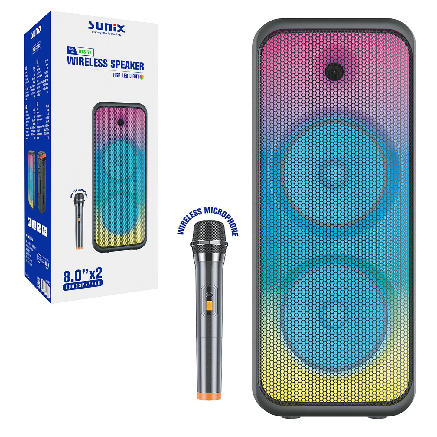 Bluetooth Speaker 8" x 2 Hoparlör Kablosuz Mikronfonlu LED ışıklı Sunix BTS71