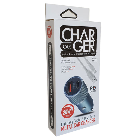 Araç Şarj Aleti USB Type-C iPhone Ligtning Kablo 20W Hızlı Subzero CR92