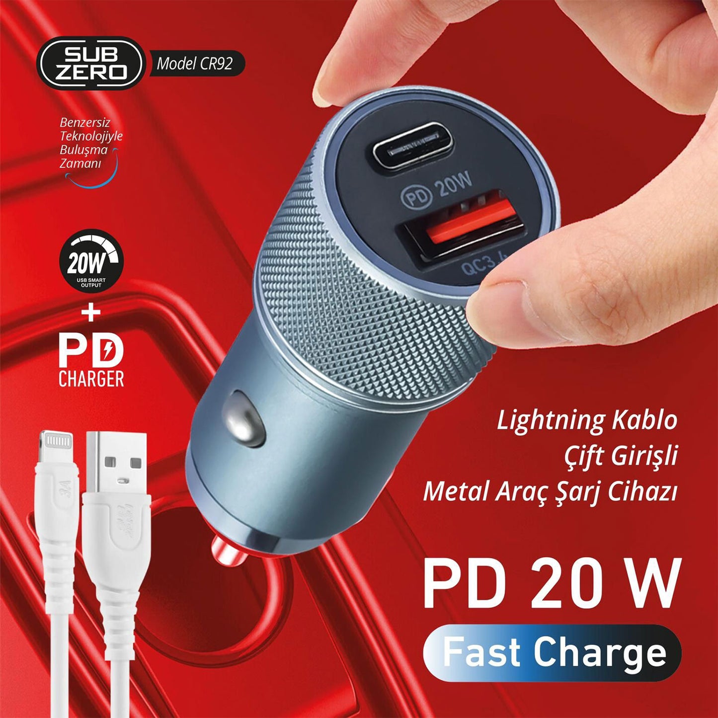 Araç Şarj Aleti USB Type-C iPhone Ligtning Kablo 20W Hızlı Subzero CR92
