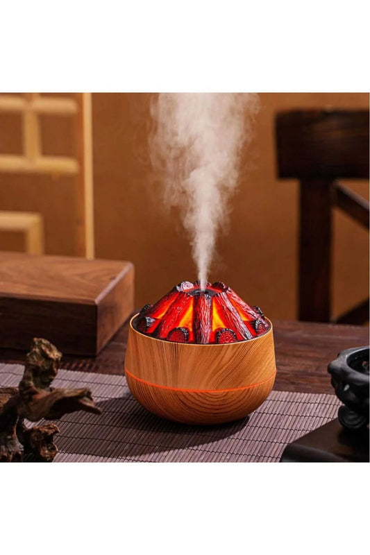 Ahşap Odun Ateşi Tasarımlı Hava Nemlendirici-Buhar Makinası-Aroma Difüzörü Led Işık 300ML
