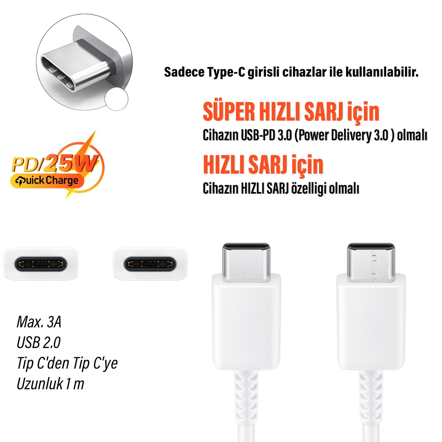 Samsung EP-DA705 TYPE C Kablo 25W Hızlı Şarj Kablosu Samsung EP-DA705BWEGWW Orjinal