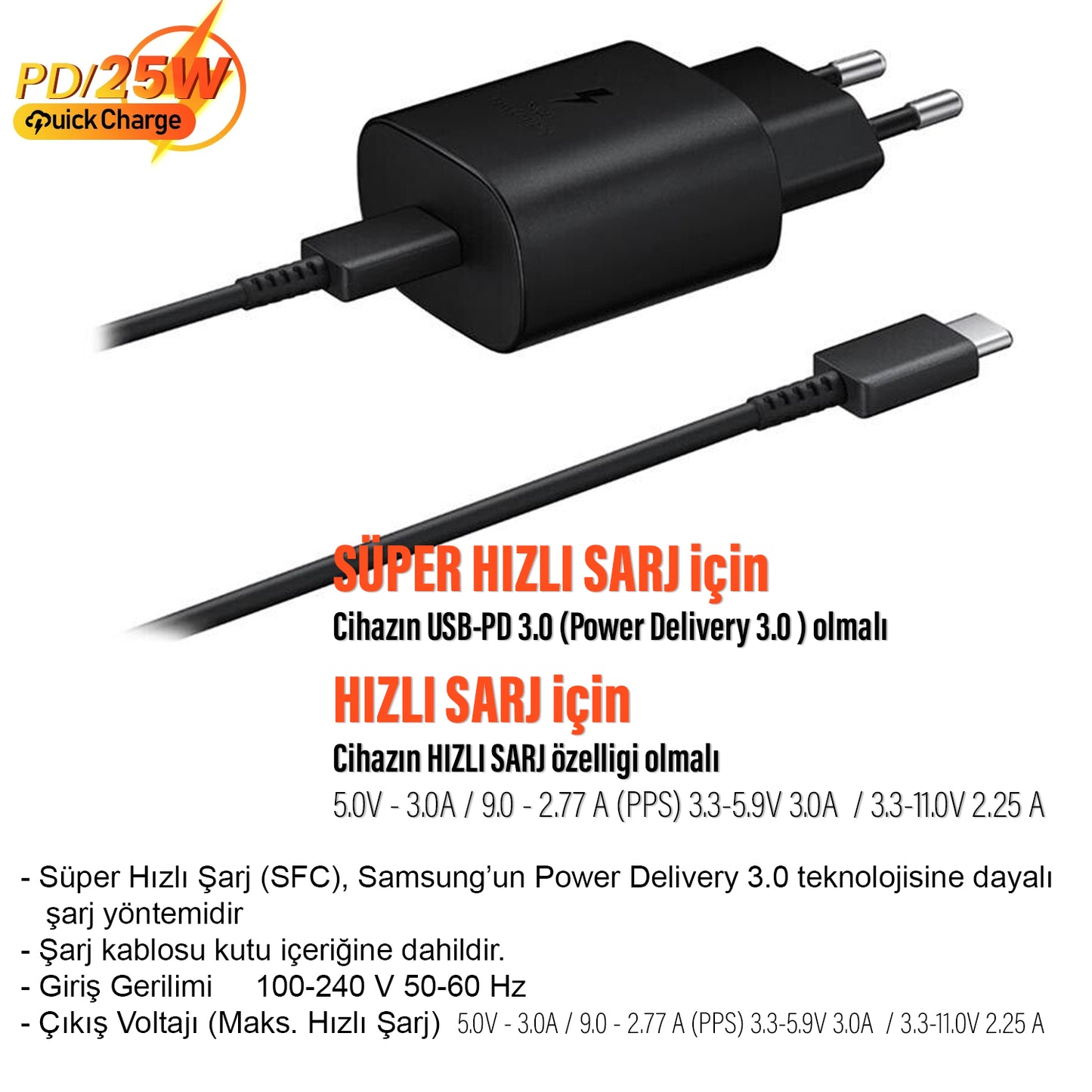 Orjinal Samsung EP-TA800 Type-C Şarj Aleti 25W ve Type C Kablo EP-TA800XBEGWW