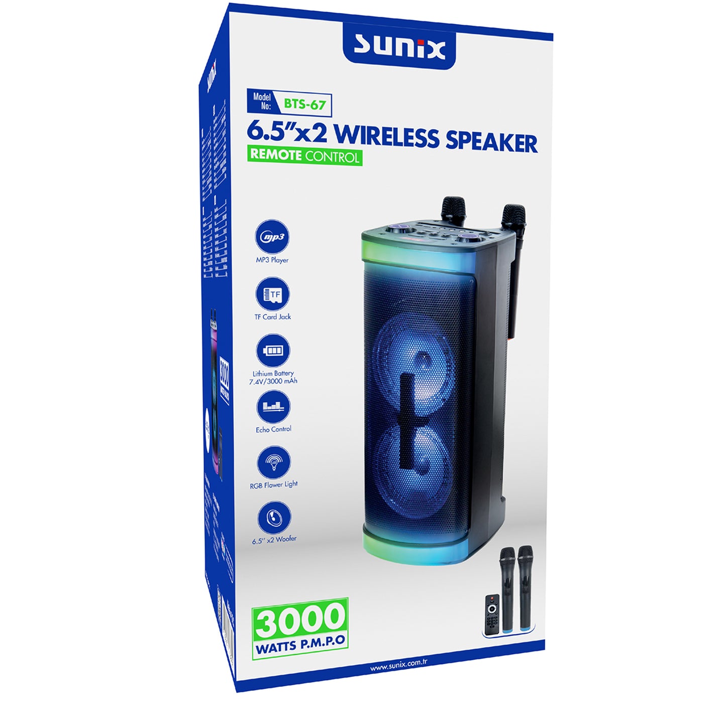 Bluetooth Hoparlör 6.5" x 2 3000W PMPO Kablosuz Speaker 2 x Mikrofon Kumanda Sunix BTS-67
