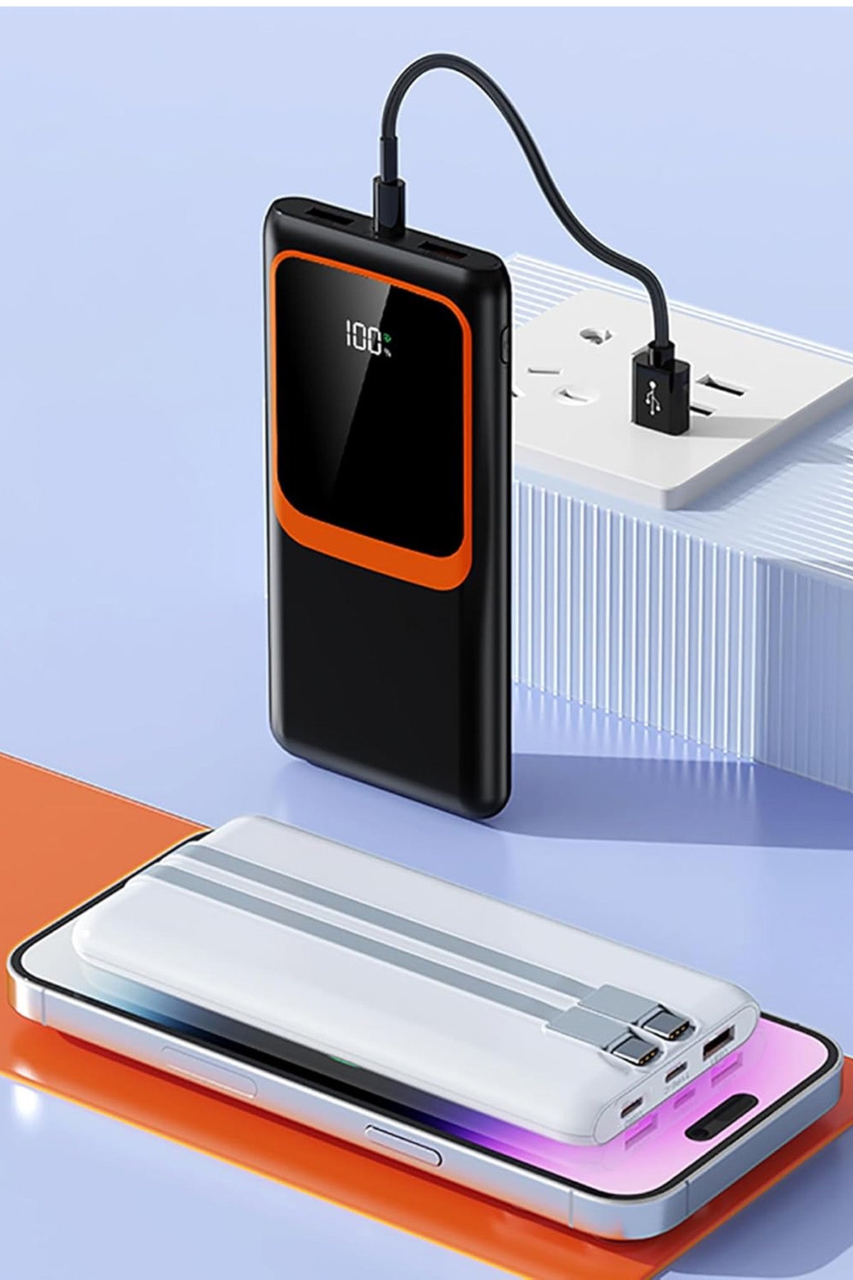 20.000 mAh Hızlı Şarj PD 22.5W Powerbank Lightning Type-C Çıkışlı Dijital Göstergeli Kendinden Kablo