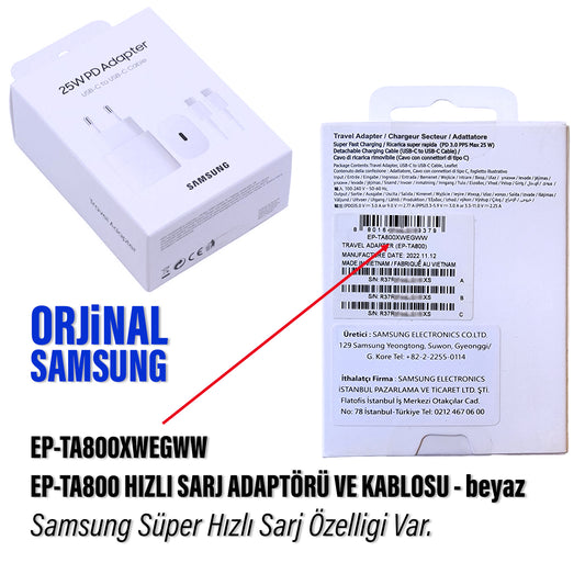 Samsung EP-TA800 Type-C Şarj Aleti 25W ve Type C Kablo Samsung EP-TA800XWEGWW