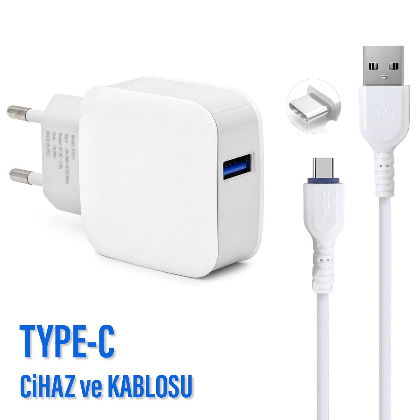 Şarj Aleti Type-C Kablolu Subzero SG21 5V DC 2.8A | TYPE-C Kablo