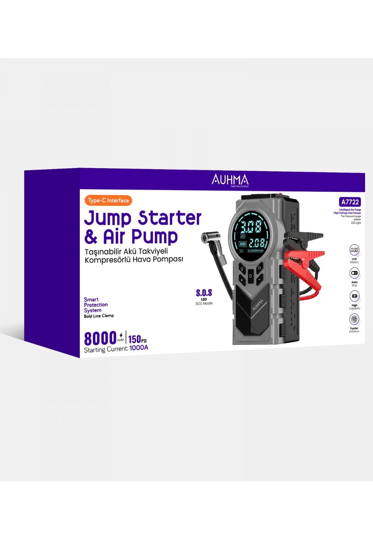 Akü Takviye Powerbak Marş Basma Cihazı 150 Psi Kompresör Pomba 8000mAh - 1000A Jump Starter