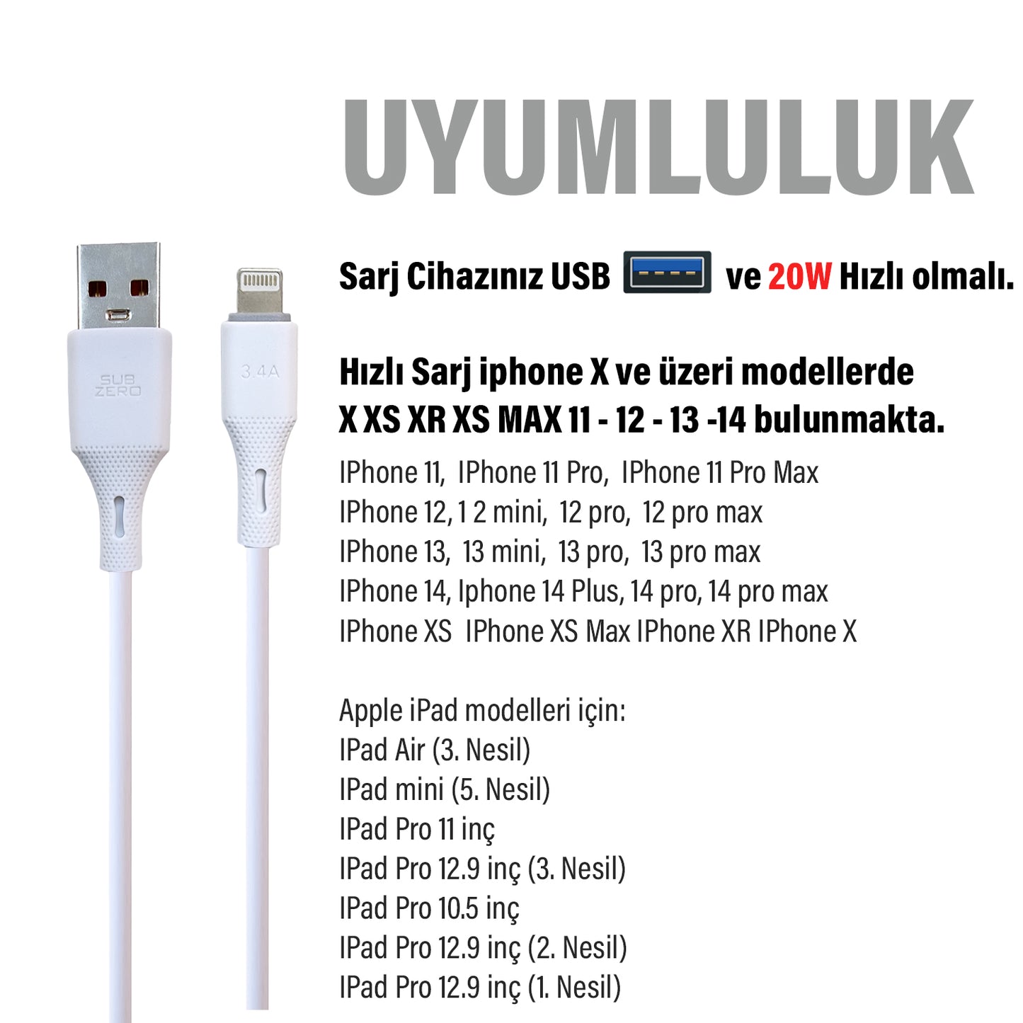 USB Lightning iPhone iPad Şarj Kablosu Subzero CL78