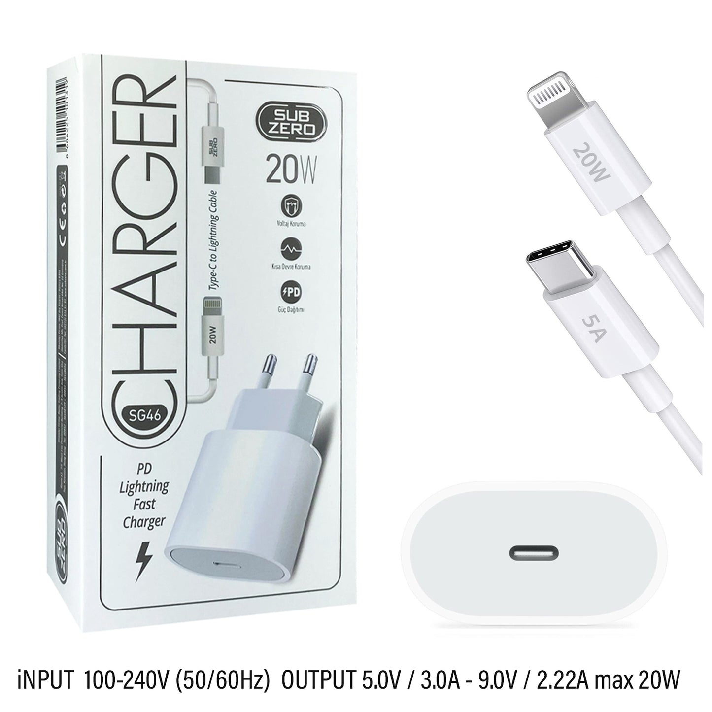 Hızlı Şarj Aleti 20W Apple iPhone iPad Uyumlu Lightning Kablo Subzero SG46