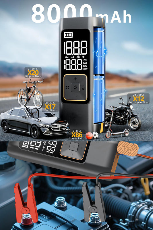 Akü Takviye Jump Starter 8000mAh Araç Marş Basma Cihazı Takviye Kompresör Lastik Şişirme Hava Pompası