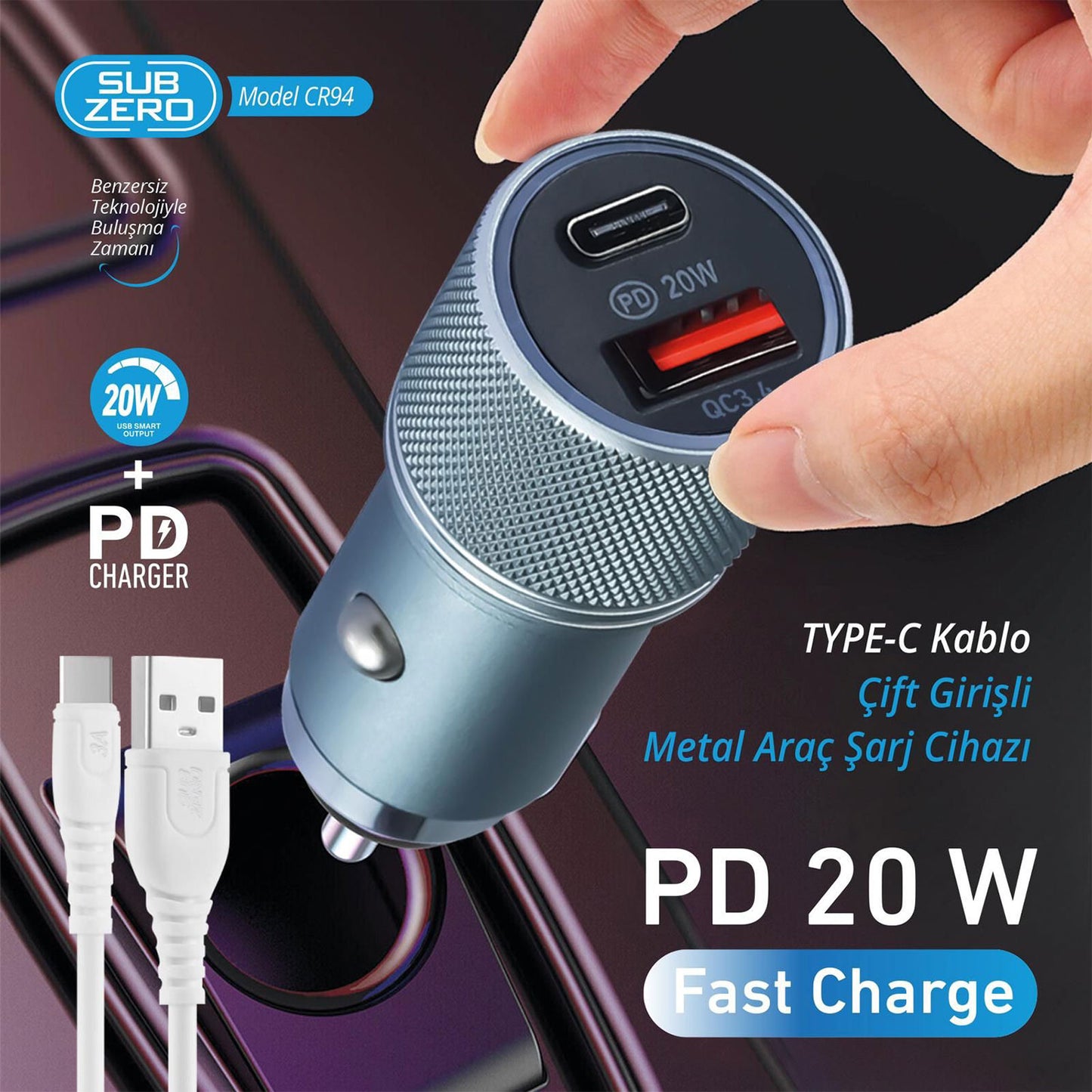 Araç Şarj Aleti USB Type-C 20W Hızlı + Type C Kablo HIZLI Subzero CR94