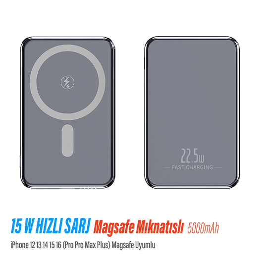 Sunix iPhone 12 13 14 Uyumlu 15W Hızlı Şarj Magsafe Powerbank 5000 Mah Kablosuz Mıknatıslı