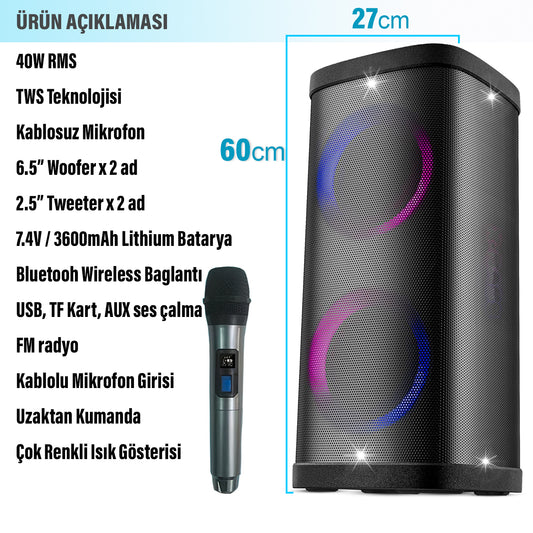 40W 2 X 6.5" Hoparlör RMS Speaker Woofer Tweeter Kablosuz Mikrofonlu Parti Boy Subzero WR135