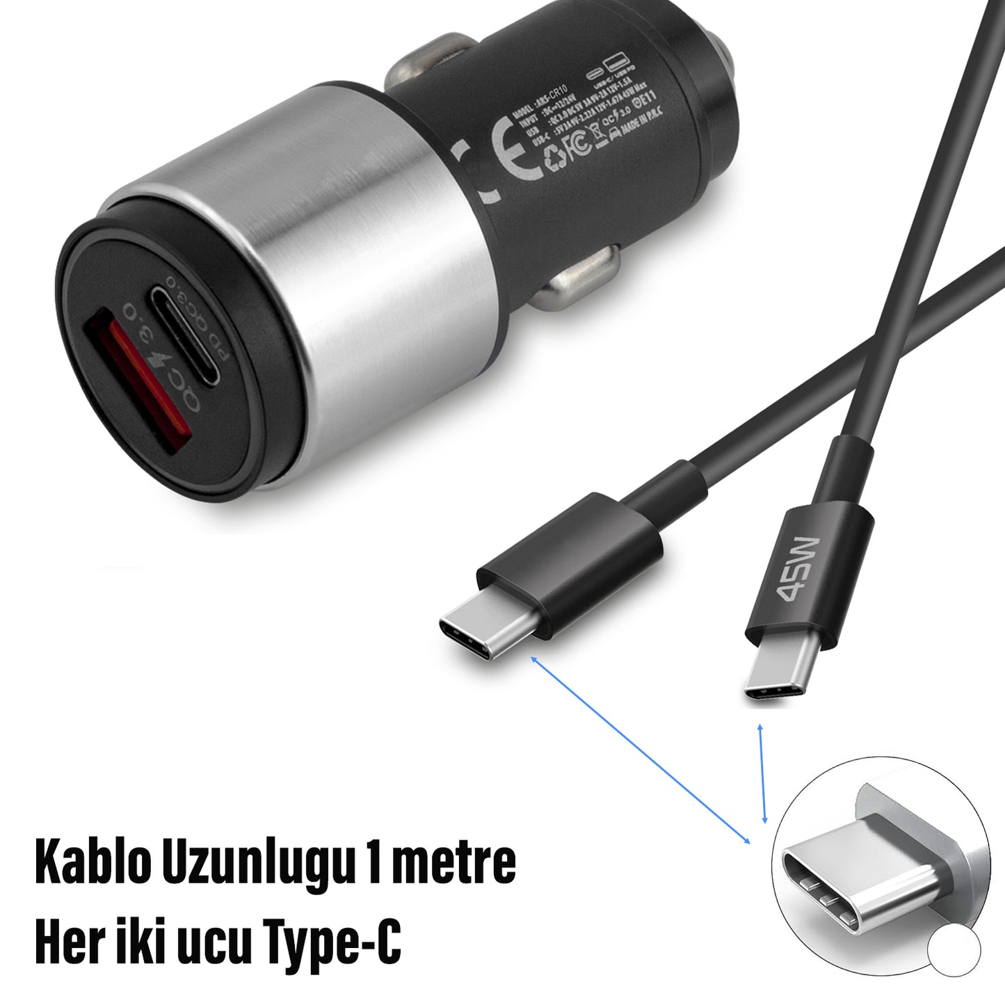 Araç Şarj Aleti Type C Telefonlar İçin 45W Süper Hızlı Araba Şarjı Cihazı ve Kablosu